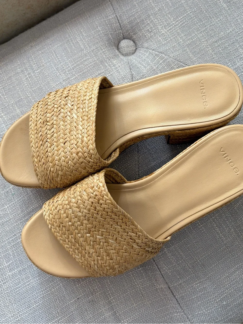 Vince Tan Woven Straw Platform Slide Sandals